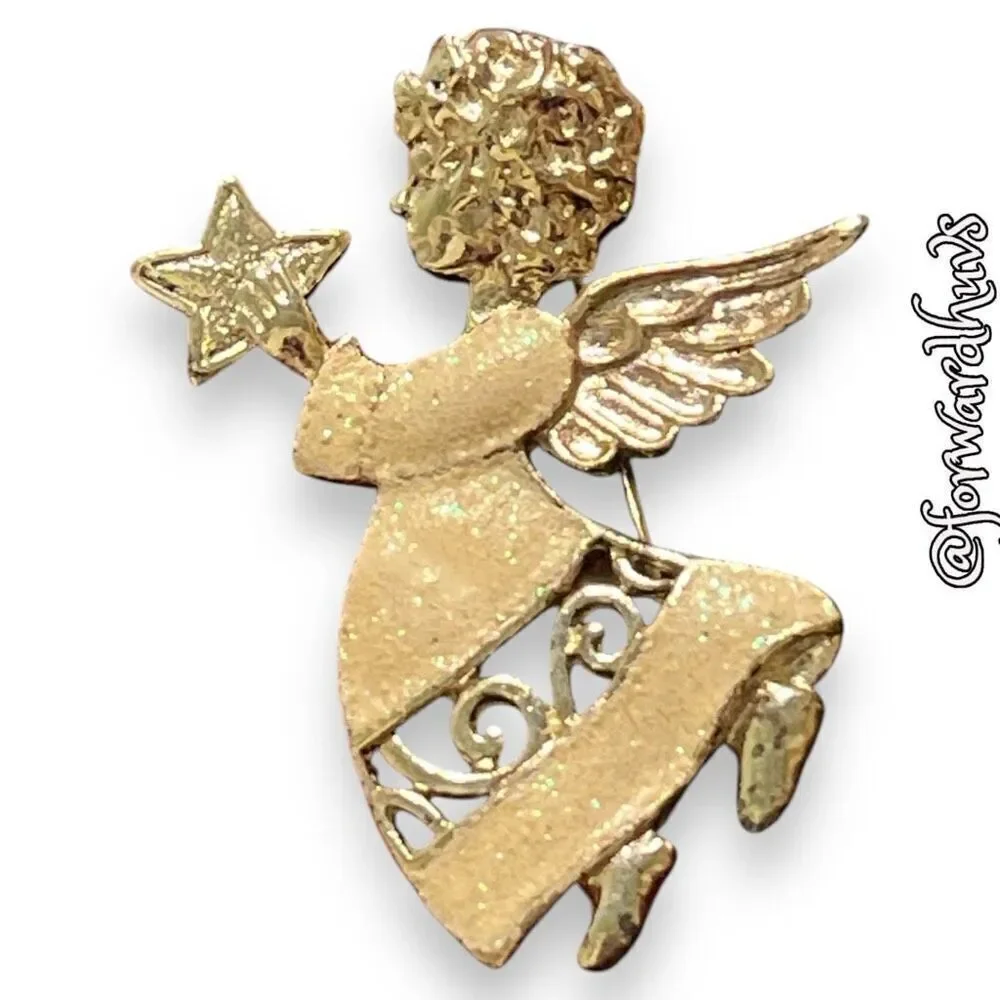 Sparkling Silvertone Angel Brooch with Enamel Dress